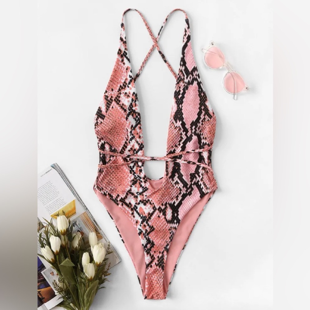 Snakeskin Print Plunging One Piece Swim